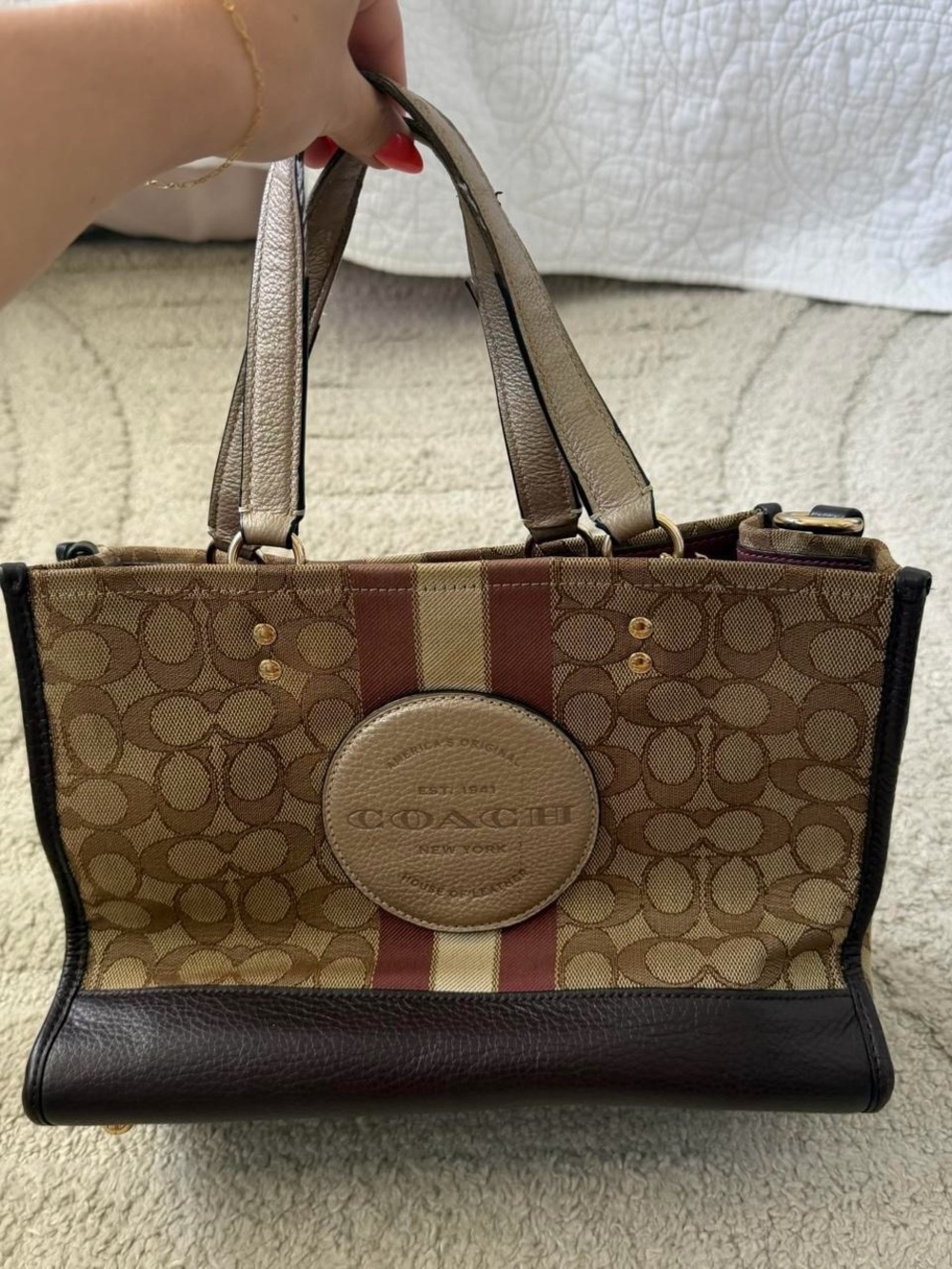 Coach Brown and Tan Signature Stripe Canvas Tote